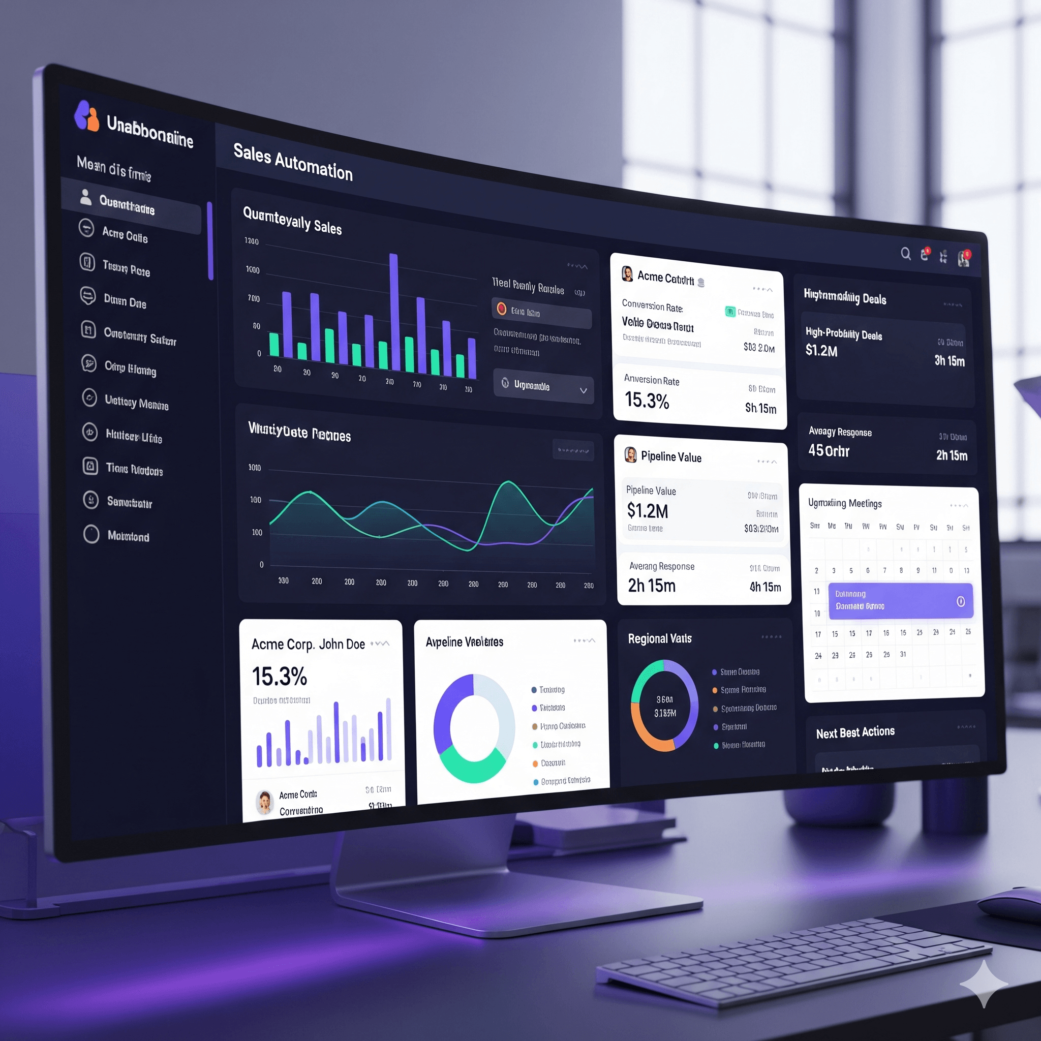 Sales automation dashboard showing CRM data, meeting prep packages, and AI-powered insights